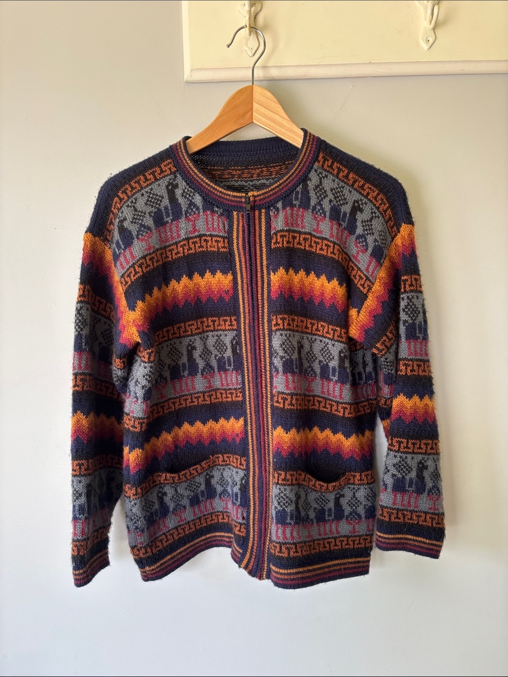 Vintage Boho Patterned Alpaca Patterened Knit Full Zip Sweater Jacket S/M